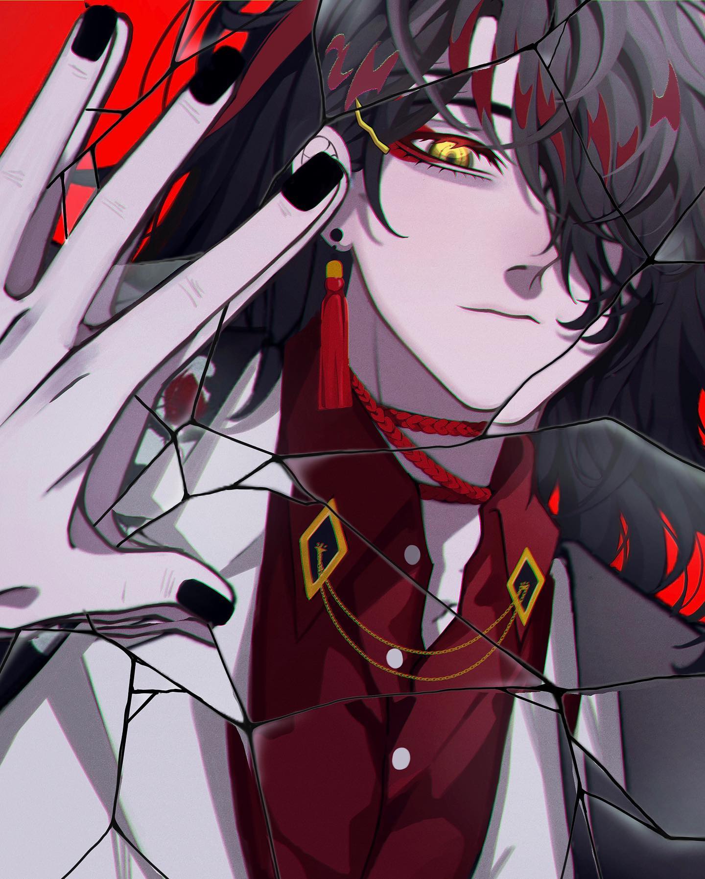 the image is a striking digital fanart depicting an animestyle young man. he has long, dark hair with red highlights, piercing red eyes, and sharp black nails. he's wearing a sophisticated outfit with a maroon vest, a white undershirt, and a unique gold necklace featuring small decorative elements. the overall aesthetic is dark and elegant, enhanced by the broken glass effect overlaying the character, which adds a layer of mystery and drama.  the style is reminiscent of manga and digital illustration, with strong contrasts in colors and sharp lines creating a visually arresting portrait. the character's expression is intense, adding to the overall dramatic and mysterious feel.
