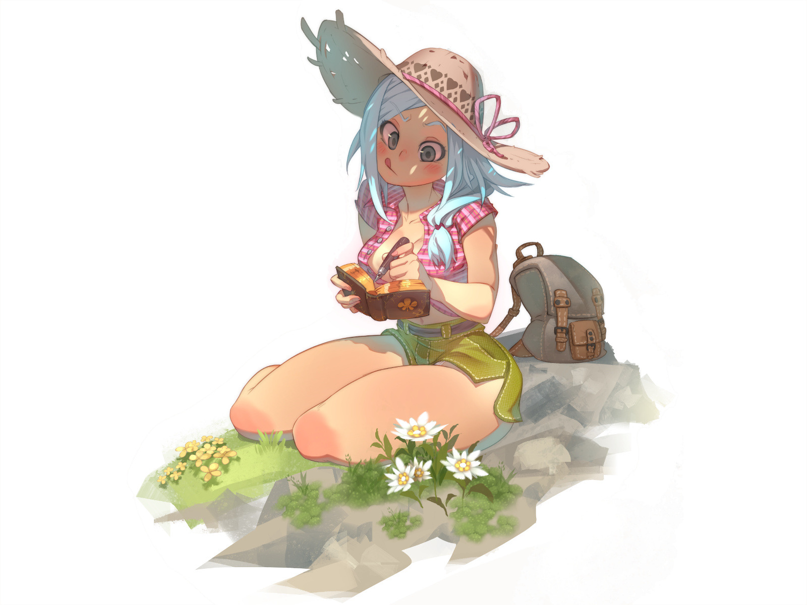an anime girl with white hair is sitting on some rocks and grass outdoors. she is wearing a pink and red checkered shirt, green shorts, and a large brown hat with a pink ribbon. she is writing in a book with a pen and has a brown backpack beside her. there are flowers growing near her on the grass and rocks.