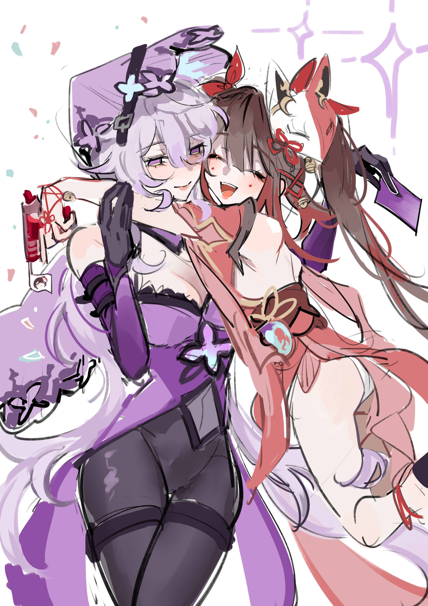 this is a digital illustration of two anime girls. both girls are dressed in elaborate costumes, and they are hugging each other. the girl on the left has purple hair and is wearing a purple and white dress. the girl on the right has red hair and is wearing a red and white dress. they are smiling at each other, and their arms are wrapped around each other. there are pink and purple flowers in the background, and a white and blue background as well. it appears as though there are some bright sparkling lights in the background as well. the illustration is drawn in a cartoon style and has a very whimsical feel to it.