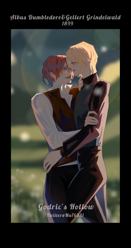 this is a digital artwork of albus dumbledore and gellert grindelwald. the two characters are drawn in a romantic embrace and are set against a backdrop of nature. the artwork features a light and soft colour scheme. the image's title is "godric's hollow" and it's dated to 1899, implying that the artwork is depicting a scene from the two characters' younger years, before their falling out. the artwork is likely to be fanart for the harry potter fandom and may be inspired by fanfiction which explores a romantic relationship between dumbledore and grindelwald.