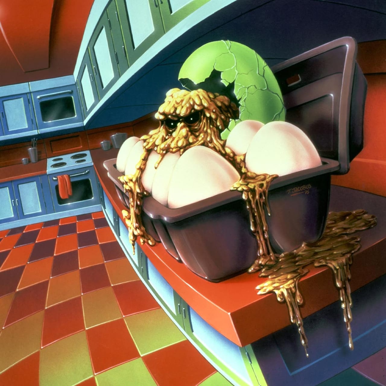 he image is a surreal illustration depicting a grotesque, gooey monster emerging from a carton of eggs in a kitchen setting.  the monster is predominantly yellow and brown, with a cracked, greenish egglike shell on its head. the gooey substance drips from the monster onto the red countertop and the checkered floor. the kitchen itself is stylized with vibrant red and teal colors, adding to the overall fantastical and slightly unsettling nature of the piece.  the style suggests it might be a piece of digital or airbrush art from the 1980s or with a retro feel.