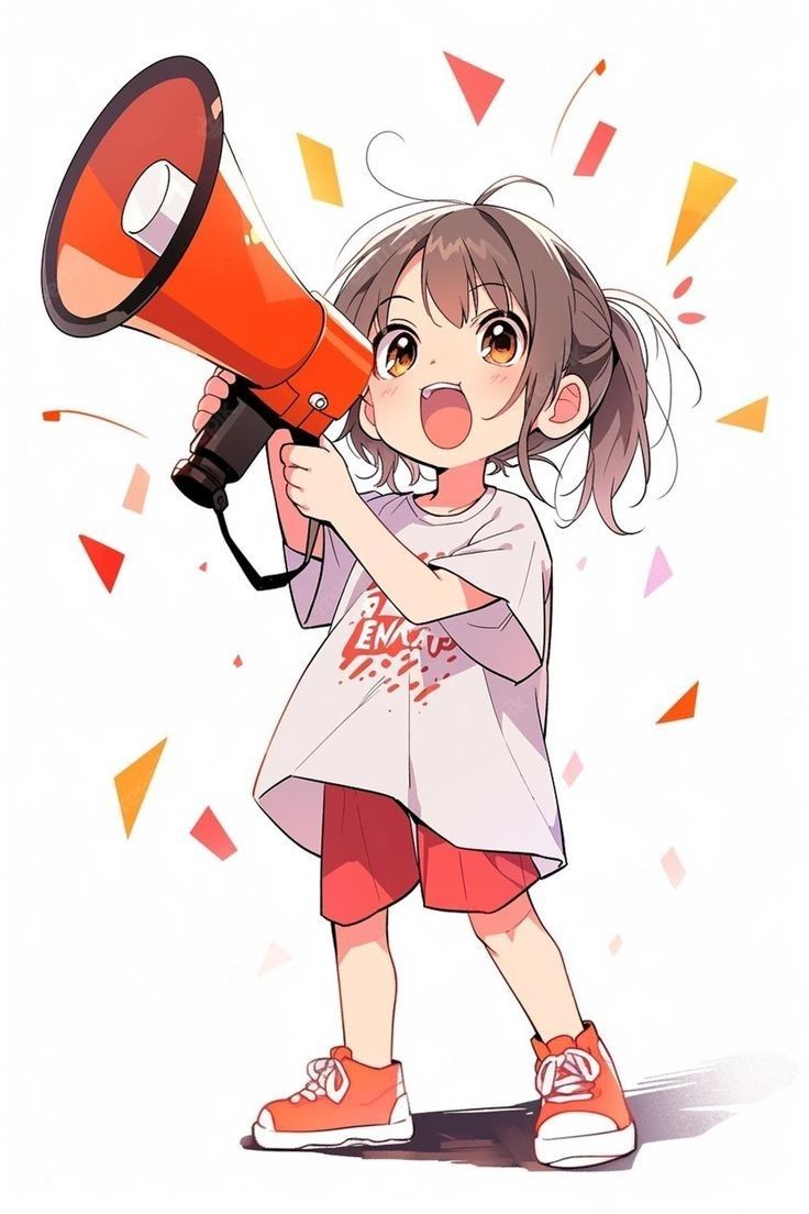 the image is a colorful animestyle illustration of a cute little girl holding a bright orange megaphone. she's wearing a white tshirt with a red design, red shorts, and orange sneakers.  she appears to be happily shouting into the megaphone, surrounded by small, colorful confettilike shapes that suggest excitement or an announcement. the art style is vibrant and cheerful, with soft lines and expressive features on the girl's face. the overall impression is one of joyful energy.