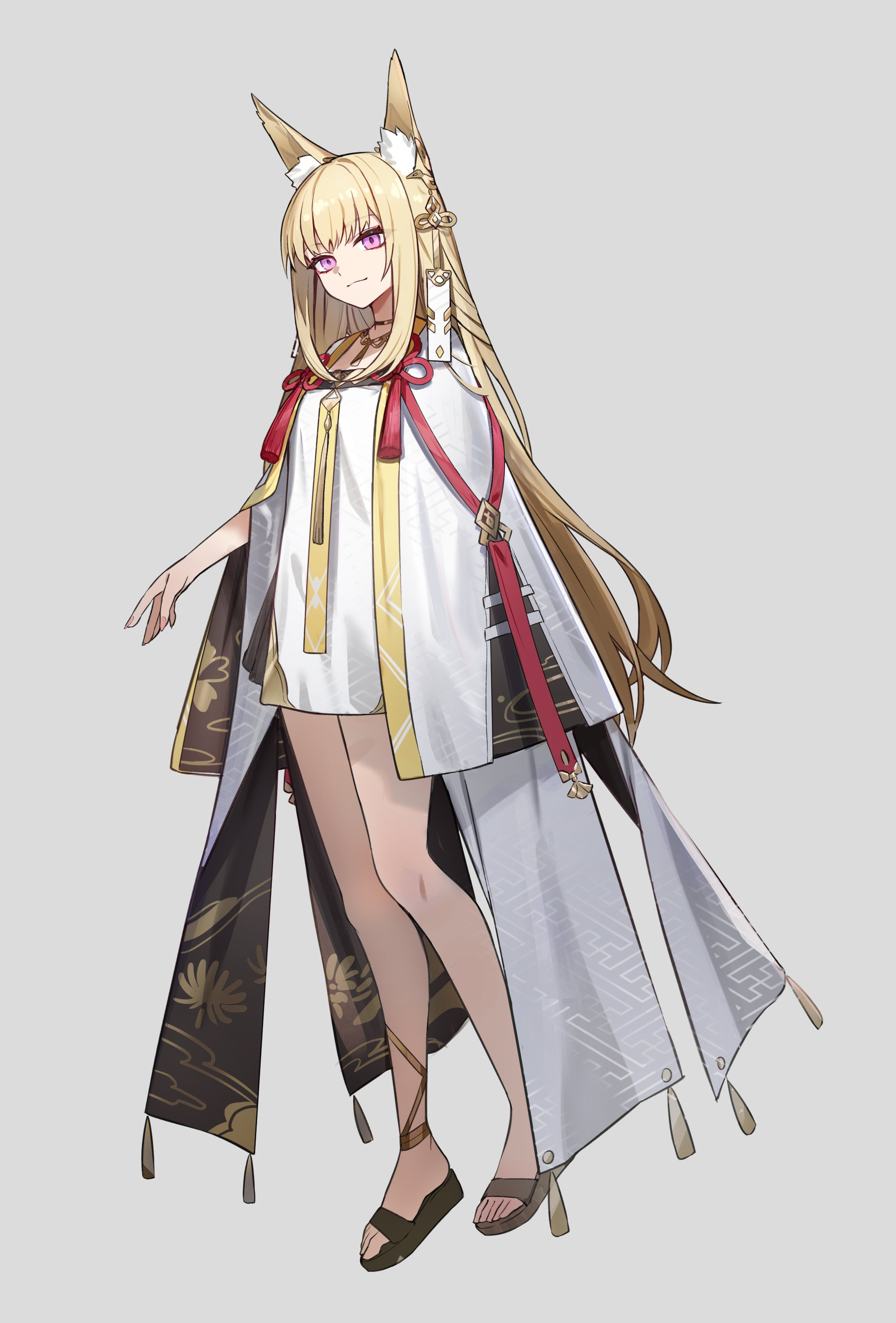 a fullbody illustration of a young woman designed in an anime style. she has long blonde hair and purple eyes. she has fox ears and wears traditional japanese clothing  a white dress with a long black and white cape. the cape features gold and red accents, as well as some floral details.  she's wearing brown sandals.