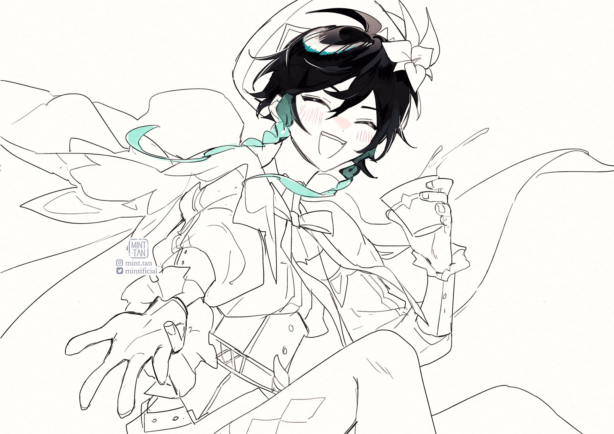a line art drawing of an anime boy with black hair and green eyes. he is smiling and holding a cup in his hand. the background is white. the drawing is in a manga style.