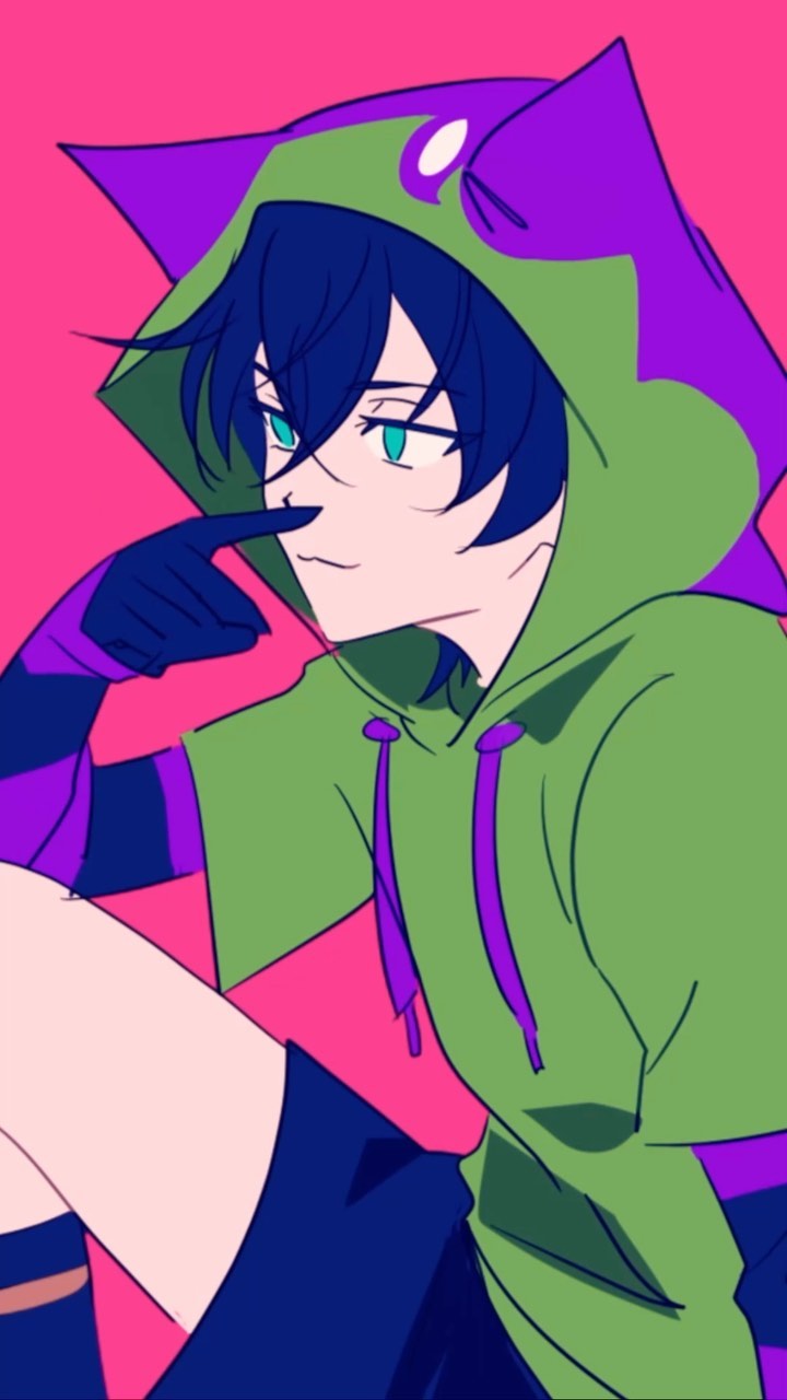 the image is a stylized digital drawing of an animestyle young man. he's depicted wearing a vibrant green hooded sweatshirt with purple cat ears and accents. his hair is dark blue, and he has striking turquoise eyes. he's sitting with one leg bent, and he has a playful, almost mischievous, expression, pointing a finger suggestively. the art style is bold and graphic, utilizing bright, contrasting colors against a hot pink background.  the overall feel is youthful and energetic.