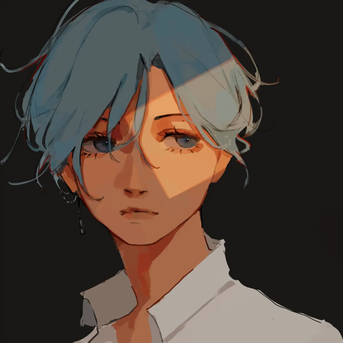 the image is a digital painting or illustration of a stylized animestyle male character.  he has short, choppy light blue hair and is depicted in a closeup portrait. the character is wearing a lightcolored, possibly white, collared shirt.  the lighting is soft, with warm tones illuminating one side of his face, creating a dramatic contrast with the darker background.  the artist's style is loose and painterly, with visible brushstrokes and soft blending of colors.  the character's expression is somewhat neutral, yet contemplative.  the overall aesthetic is modern and artistic.
