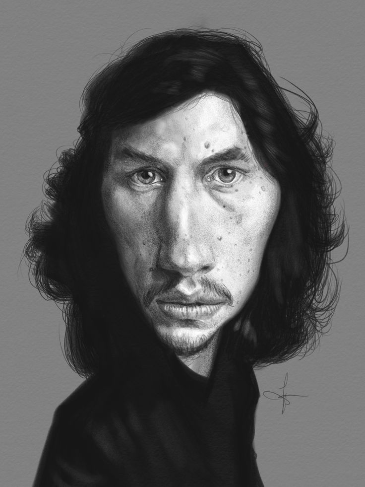 a black and white caricature portrait of adam driver with exaggerated features like a large nose and long face. he has long, dark hair and facial hair. the artwork is likely digitally created with detailed shading.