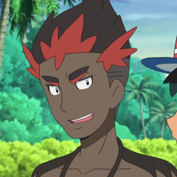 he image shows a portrait of a male anime character. he has dark skin, red and black hair, and gray eyes. he is wearing a necklace and is standing in front of a tropical background. the background is blurred, and the character is in focus. the lighting is bright and cheerful.