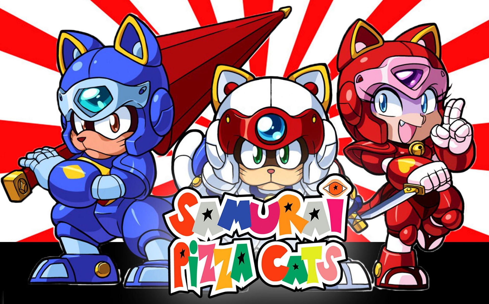 this image features three anthropomorphic cat characters dressed in samurai armor, set against a backdrop of a rising sun.  the text "samurai pizza cats" appears in the center.