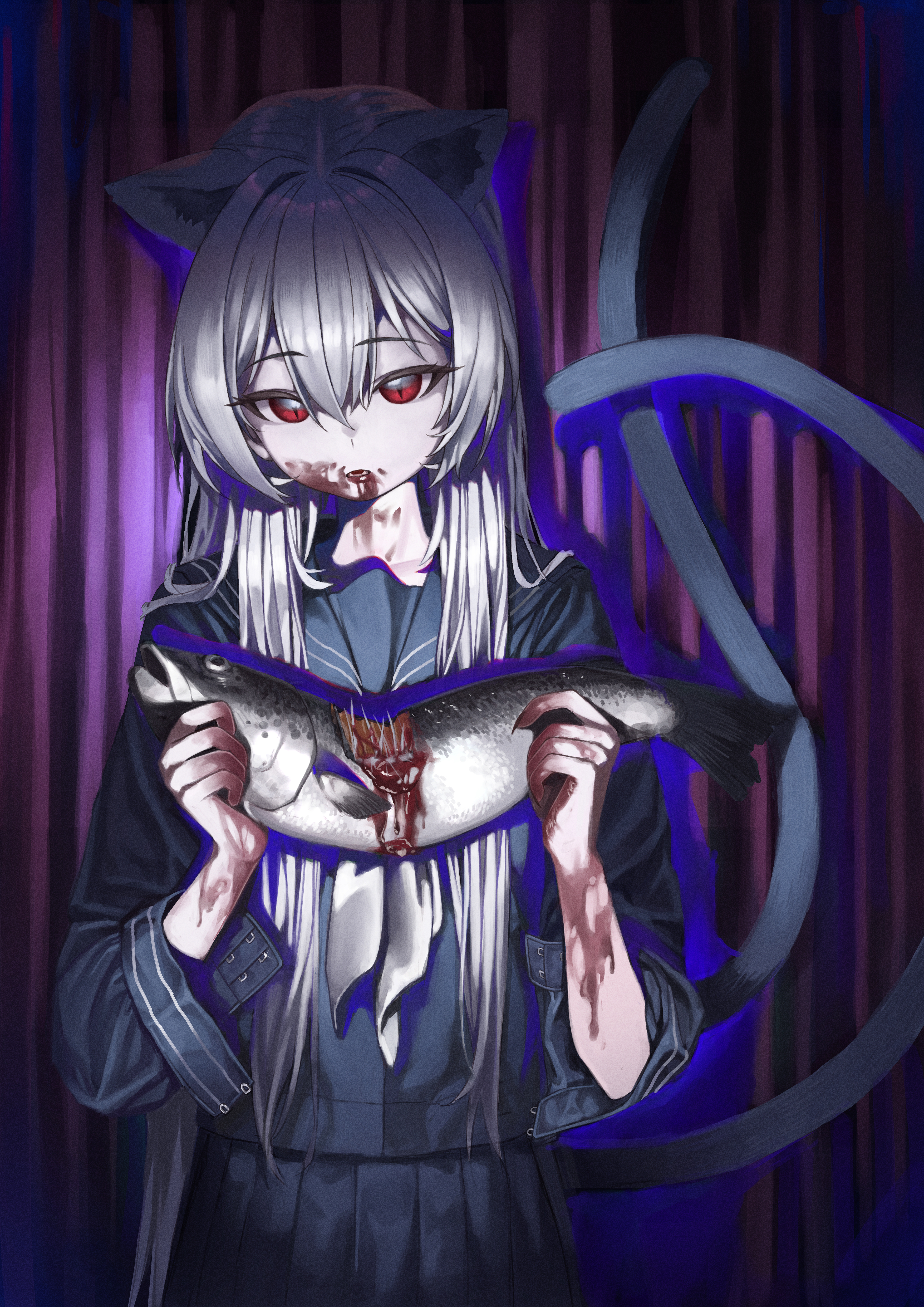 an anime girl with cat ears and red eyes is holding a fish with blood on it. she is wearing a uniform and has blood on her face and hands. the background is dark and there is a tail visible behind her.