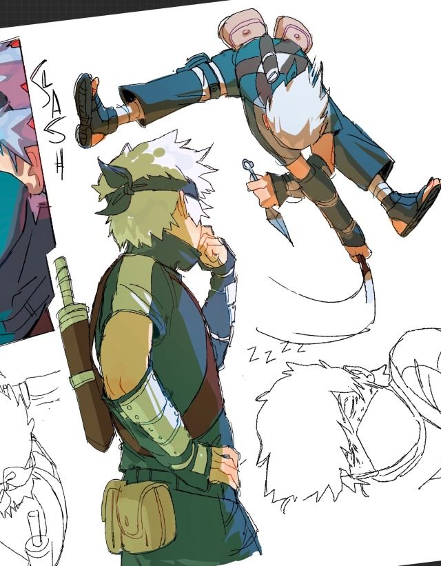 this image shows a drawing of two anime characters, one with white hair and a green outfit and one with black hair and a blue outfit. the whitehaired character is standing while the blackhaired character is midair. both characters are holding weapons and appear to be ninjas. there is another character in the background who is asleep. the characters are drawn in a simple style with thick outlines and shading. the background is a blank page, suggesting that this is a sketch or an illustration. the image is probably a fan art of the popular anime series "naruto".