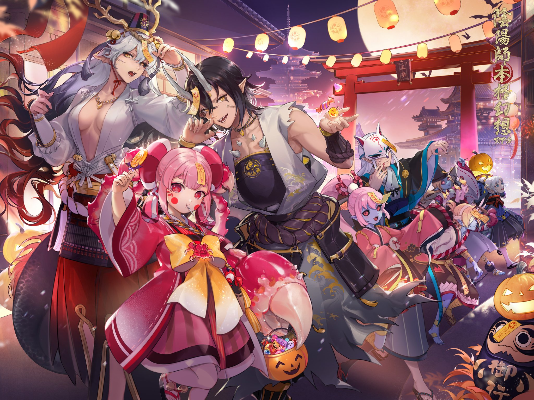 a vibrant and dynamic digital painting depicting a group of animestyled characters celebrating halloween in a japanese setting. the scene is set at night under a full moon, with traditional japanese torii gates, lanterns, and buildings in the background.  the characters are dressed in a mix of traditional japanese clothing and halloween costumes, creating a unique blend of cultures. some characters appear to be yokai or oni, mythical creatures from japanese folklore, while others are more humanlike. they are engaged in playful actions, carrying candy and jacko'lanterns, creating a festive and joyous atmosphere. the art style is highly detailed, with rich colors and expressive character designs.  the overall impression is one of whimsical fun and cultural fusion.