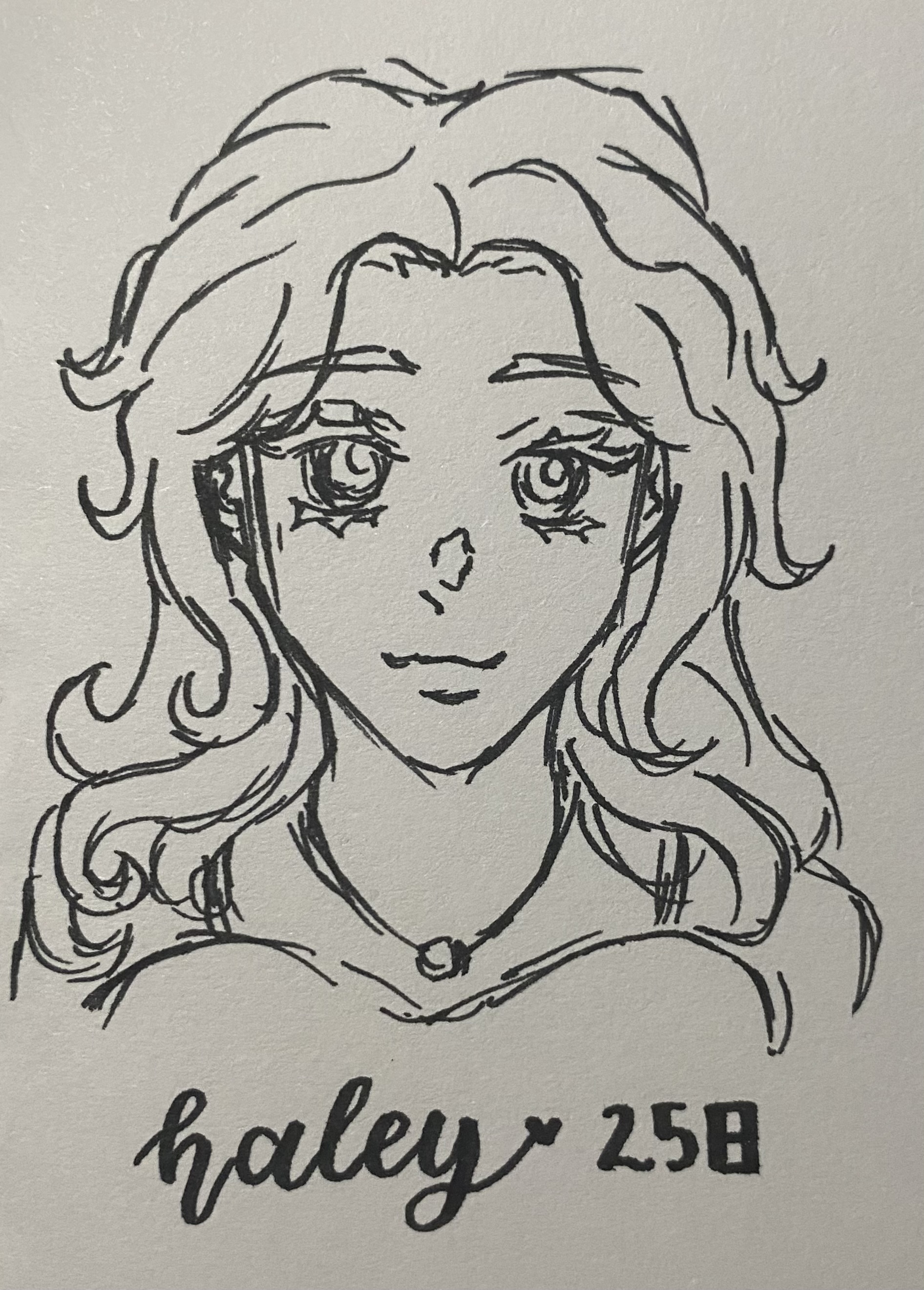 the image is a closeup shot of a pen and ink drawing of a young woman named haley. the drawing is in black ink on a light beige background.  the style is reminiscent of manga or anime with large expressive eyes and styled hair. haley's hair is long and wavy, falling around her shoulders. she is wearing a simple necklace. the drawing is signed "haley ♡ 258" in a cursive script below the portrait. the overall style is simple yet elegant, suggesting a quick sketch or portrait.