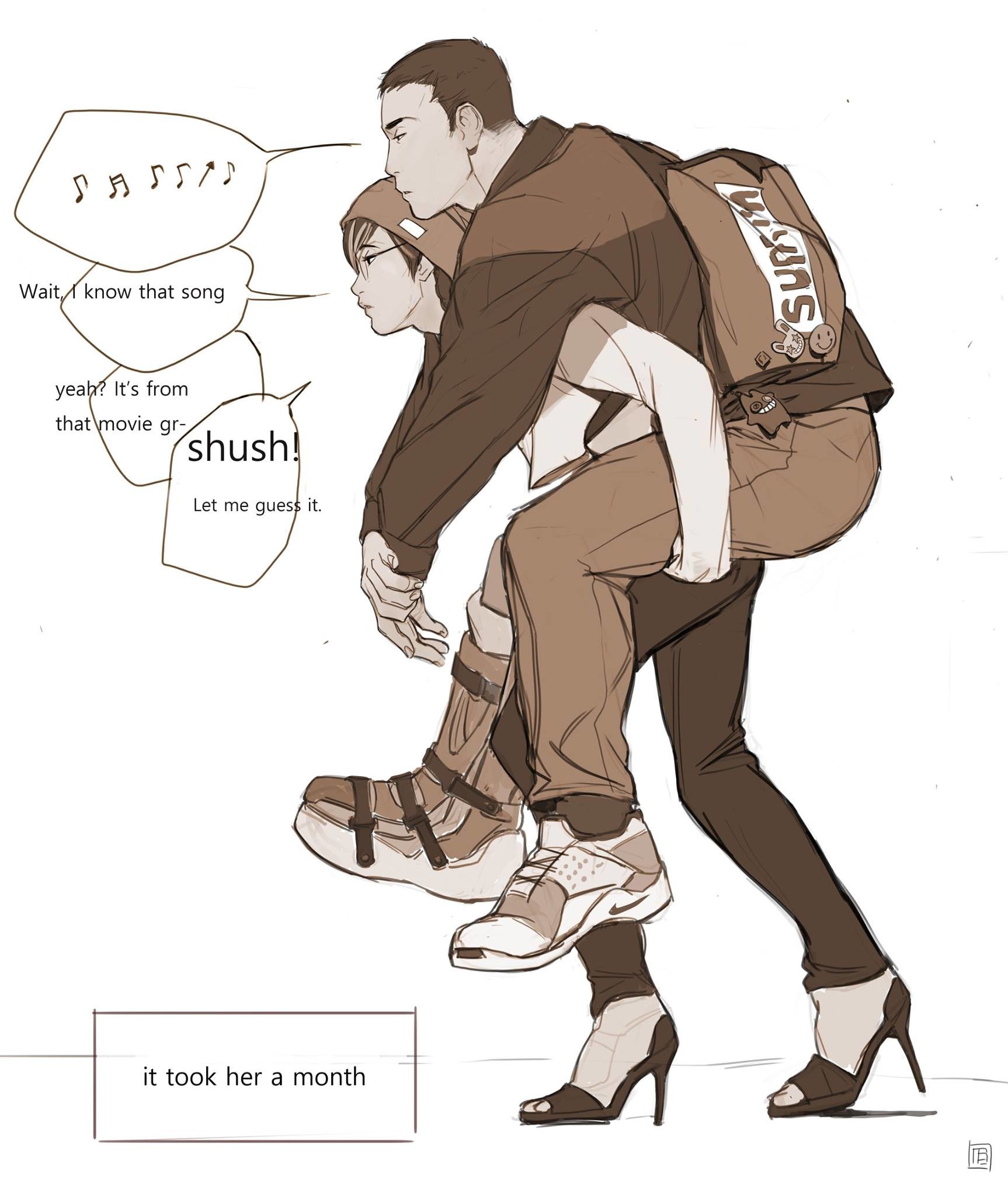 the image is a digital drawing or illustration in a manga style. it depicts two young men, one carrying the other on their back in a piggyback ride. the person being carried is wearing a beanie and has glasses. the carrier wears a stylish streetwearinspired outfit,  including a backpack with a visible logo.  the drawing features speech bubbles with dialogue suggesting they're discussing a song from a movie.  the stylistic choices include sepia or brown tones and a focus on the characters' clothing and shoes – notably the contrast between sneakers and high heels. the final text box indicates a time element ("it took her a month"). the overall mood is intimate and affectionate.
