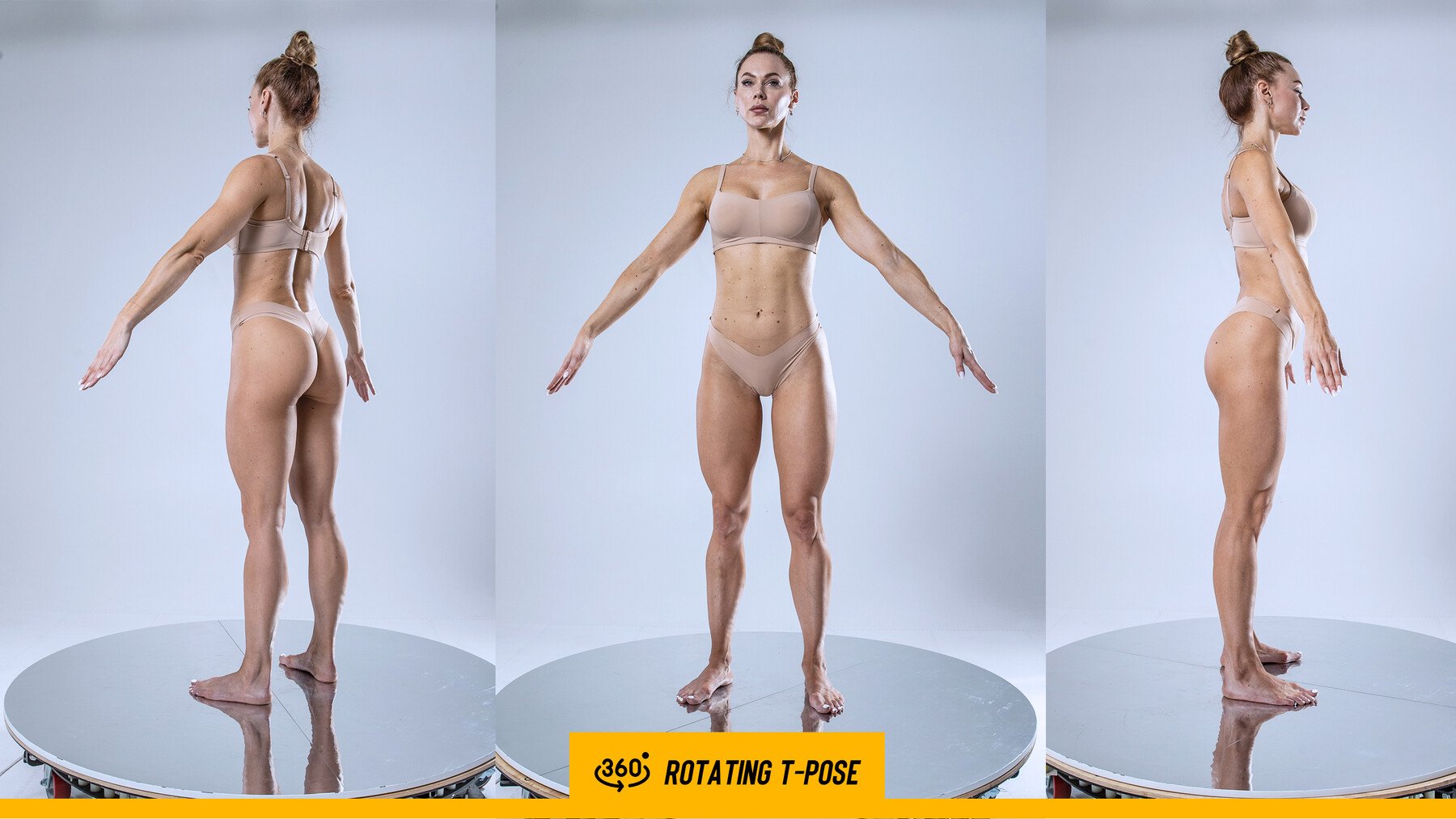 the image shows a muscular female model posed in a rotating tpose against a light grey background. three separate views are presented: a back view, a front view, and a side view. the model is wearing a light beige twopiece underwear set.  she is standing on a reflective circular turntable, and her reflection is clearly visible.  the overall impression is one of showcasing the model's physique and anatomical structure for artistic or reference purposes. the image is clean, welllit and professionally taken. a small graphic in the bottom center indicates it's a 360degree rotating tpose.