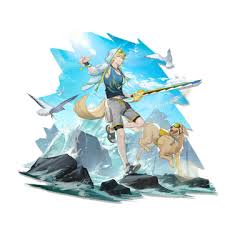 the image shows a man in an anime style standing on rocks near a beach with a golden retriever dog. the man is wearing a hoodie, a tank top, shorts, and sandals. he has a tail and is holding a sword. the dog is wearing goggles. there are seagulls flying in the sky. the water is choppy and there are waves crashing against the rocks. the sky is blue.