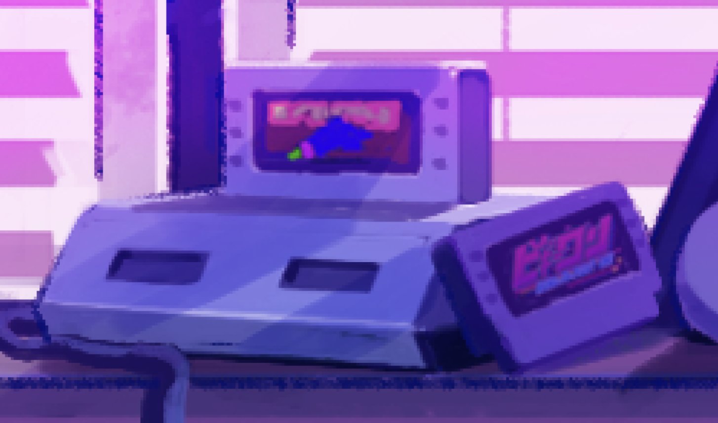 the image showcases a retro video game console reminiscent of those popular in the 80s or 90s. the console is light gray with two controller ports, one of which has a controller attached. the console screen displays a pixelated game featuring a blue character on a pink background. another game cartridge rests on the surface in front of the console. the scene is bathed in vibrant, almost neon, purple and pink light, likely emanating from the window behind the console. this creates a nostalgic and playful atmosphere.