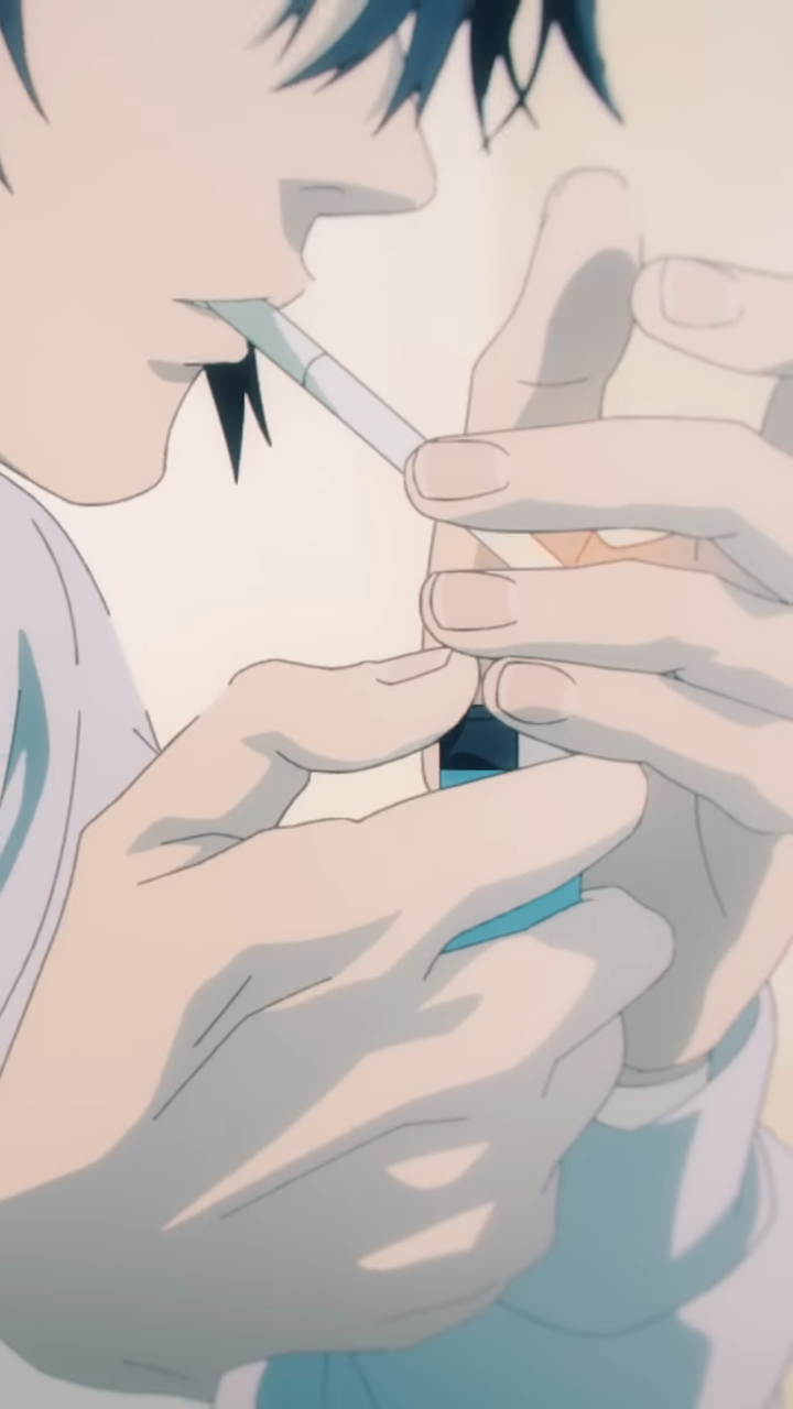 a closeup illustration of an anime character lighting and smoking a cigarette. the focus is on the hands and cigarette, with the face partially obscured. the image has a soft, muted color palette.