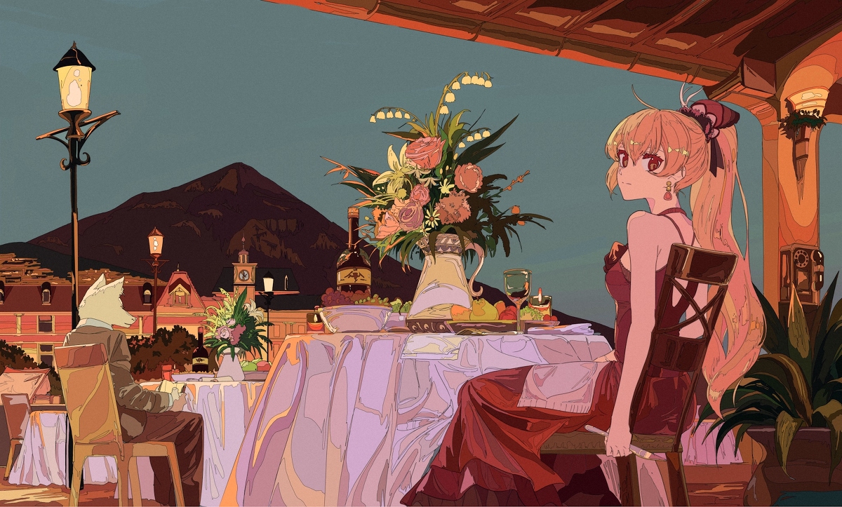 he image is a digital painting or illustration in an anime style. it depicts a young woman with long blonde hair in a red dress seated at an outdoor restaurant table. the setting is romantic, with a beautiful arrangement of flowers on the table, and a view of a cityscape and mountain in the background. the scene is peaceful and serene, with a warm, inviting atmosphere.  a man in a suit, who appears to be an anthropomorphic animal (possibly a fox or dog) is seated at the table as well.  the artwork displays a sophisticated and detailed style.