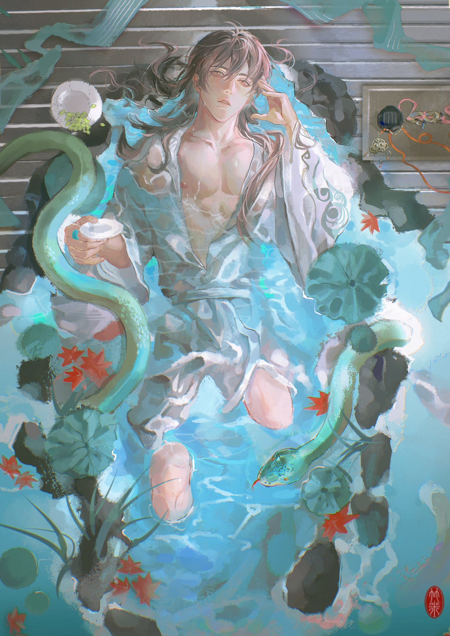 a young anime man in a white kimono relaxing in a bath with two green snakes. he is surrounded by water and foliage, suggesting a serene and peaceful setting. the bath is decorated with traditional japanese elements, enhancing the sense of tranquility and luxury. the man has long, dark hair and eyes, and his expression is calm and peaceful. he appears to be enjoying his bath and is surrounded by elements that evoke a sense of wellbeing and tranquility. the overall image is one of relaxation and serenity, with a focus on the man's enjoyment of his bath and the peaceful atmosphere of the setting.
