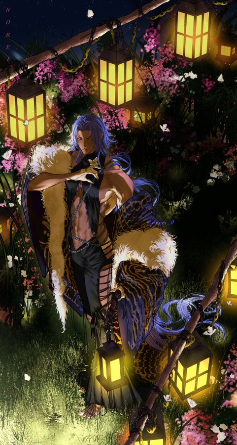 a dark fantasy artwork of a male human character with long purple hair, wearing a furry cloak. the character is in a dark, magical forest with glowing lanterns hanging from trees, giving an eerie and creepy feel.