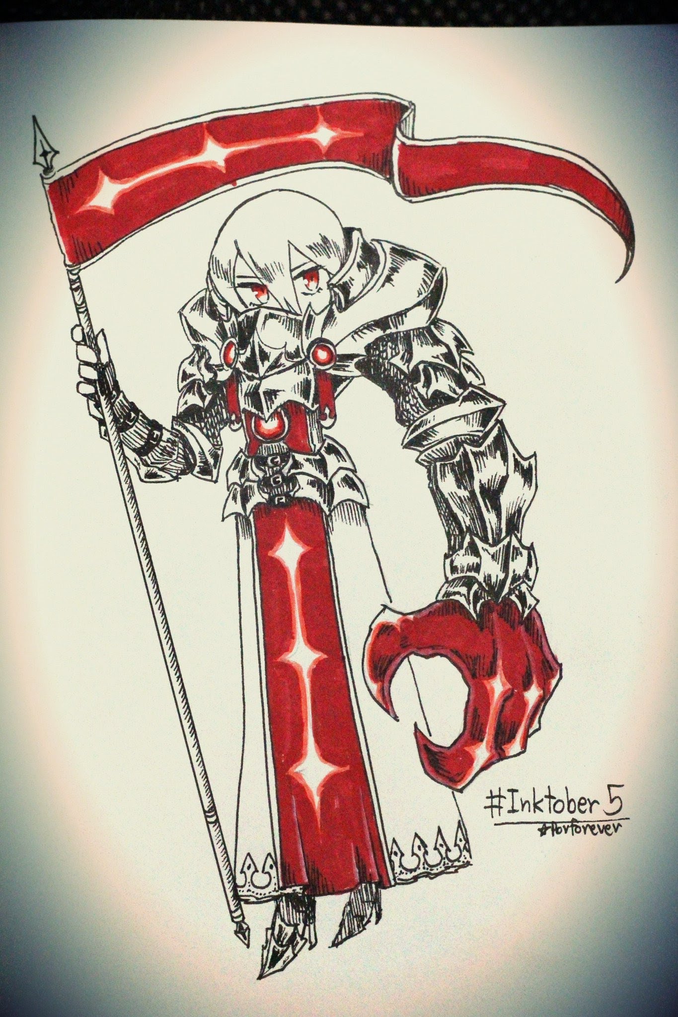 a hand drawn illustration of a female warrior in full plate armor, with a red and white color scheme. she is holding a large spear and her face is obscured by her helmet. the drawing is labeled "inktober 5". the illustration is well done and has a nice sense of detail.