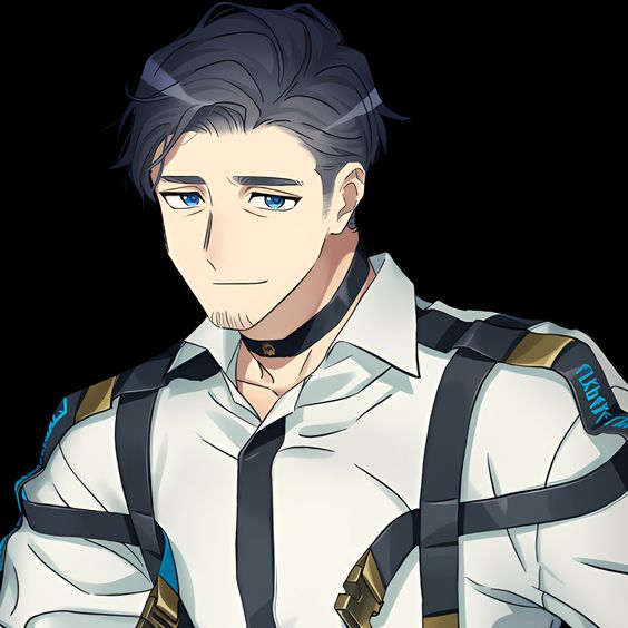 a closeup illustration of a male anime character. he has short, dark hair with a lighter streak in the front and striking blue eyes. he wears a white, collared shirt partially unbuttoned, a black tie loosened at his neck, and a black choker.  he has a light complexion and a slight smirk on his face.  black straps with gold accents are visible on his shoulders and chest, suggesting a harness or tactical gear underneath his shirt.  the background is transparent.