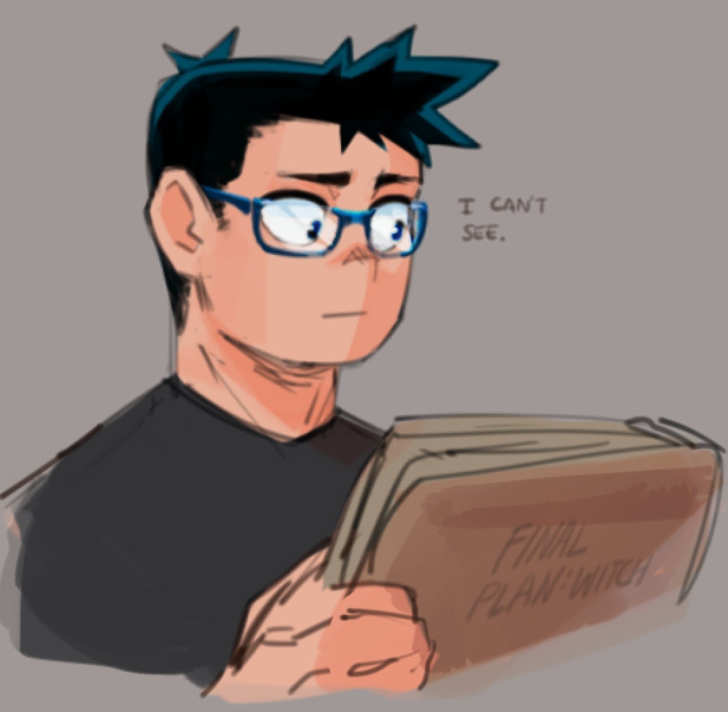 this is a digital illustration of a young male character. he is wearing glasses and has his dark hair in a spiky style. he is reading a book that is labelled "final plan witch". there is a text bubble above his head saying "i can't see." he has a worried look on his face. the artwork is done in a cartoon style with a playful and humorous tone.