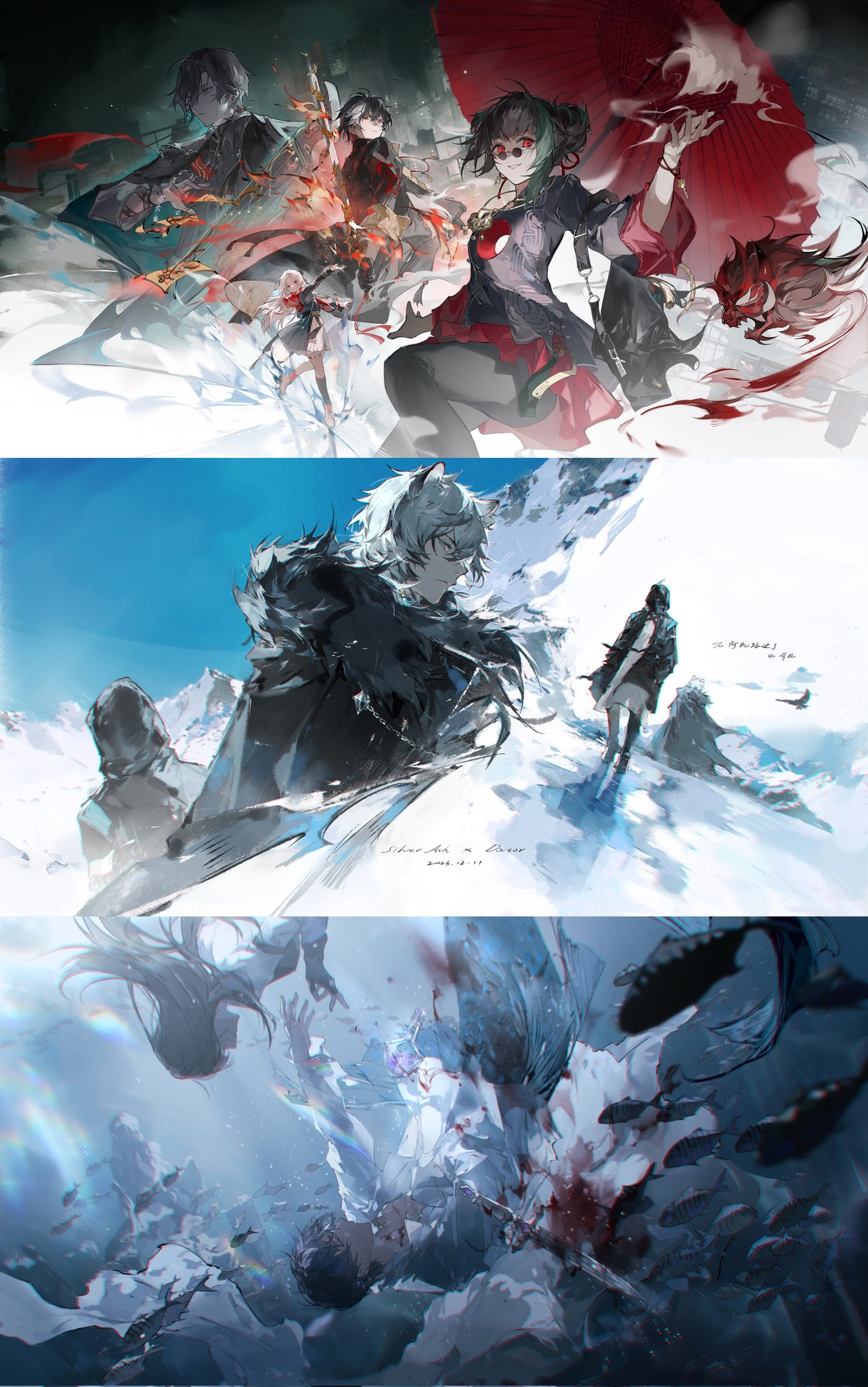 he image is a triptych of digital anime/mangastyle illustrations.  each panel depicts a different scene, seemingly connected narratively. panel 1: shows a group of female characters in a dynamic battle scene.  one character in a red dress is prominent, seemingly leading the group.  the style is highly detailed with vibrant colors, suggesting a magical or fantasy setting.  the background features fire and swirling effects. panel 2:  presents a more subdued scene set in a snowy mountain landscape. two female characters walk through a snowcovered landscape, one appearing to be a warrior. the style here is more muted, with a focus on atmospheric perspective and the harshness of the environment. panel 3: depicts an underwater or watery scene showing a chaotic battle or struggle. figures are partially obscured by water and debris, making the specific action unclear but suggesting a final, violent confrontation.  the colors are cool and muted, and the overall feeling is one of disarray and destruction.the overall style of the artwork is highly detailed and expressive, emphasizing movement, emotion, and storytelling through the character's poses, expressions, and the environment. the different panels work together to present a complete, multifaceted narrative.