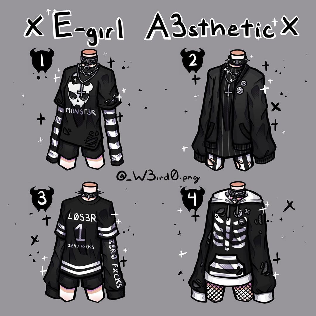 a digital illustration showing four different outfits for an egirl. each outfit is black and white themed, featuring graphic tees with skulls, ripped fishnets, and chain necklaces.