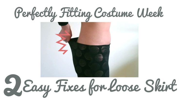 this image displays the title "perfectly fitting costume week" and "2 easy fixes for loose skirt" above and below an image of a person wearing a polka dot skirt, demonstrating how to fix a skirt that is too loose. an arrow indicates excess material.