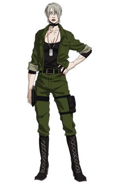 this is an anime character reference sheet of a woman. she is dressed in military style clothing and accessories with a stern look on her face. her outfit features an open, militarystyle jacket, a black tank top, cargo pants with pockets on the legs, a brown belt, and combat boots.  she has short gray hair and is holding a gun in her left hand.
