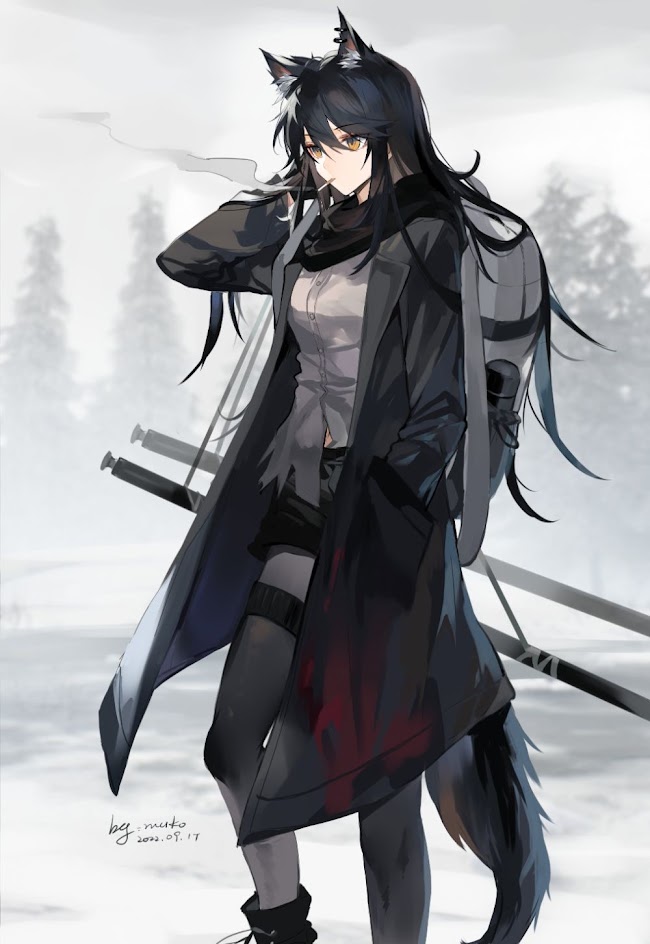this is an illustration of an anime girl with wolf ears and a furry tail. she is wearing a black coat and boots. she has long black hair, is smoking a cigarette, and has a backpack on her back. the background is white and snowy. it appears to be a cold winter day.