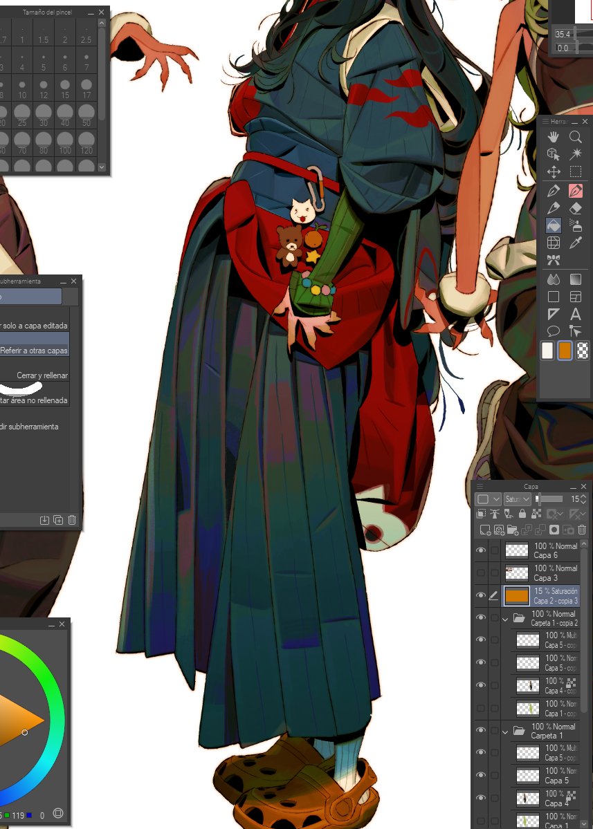 he image showcases a digital painting in progress, featuring a young woman in animeinspired attire. she's dressed in a stylish kimonolike garment with a vibrant color palette, complemented by clogs and various accessories.  the art style is detailed and colorful, displaying a blend of traditional and contemporary aesthetics.  several open photoshop windows are visible around the main image, showing the layers, tools, and color palettes used in the creation process. this provides insight into the digital painting workflow, displaying layers, brushes, and color selection tools.  the overall impression is of a workinprogress digital artwork in a vibrant and detailed anime style.