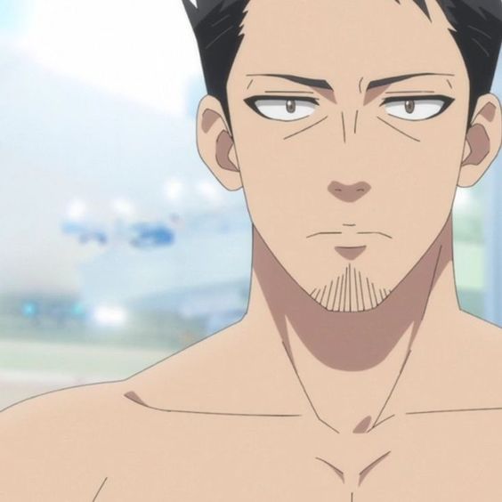 this is a close up image of an adult, anime man. the man is shirtless with dark hair and stubble. he has a serious expression on his face and appears to be looking at something in the distance. the background is a blurry outdoor scene, suggesting a bright, daytime setting.