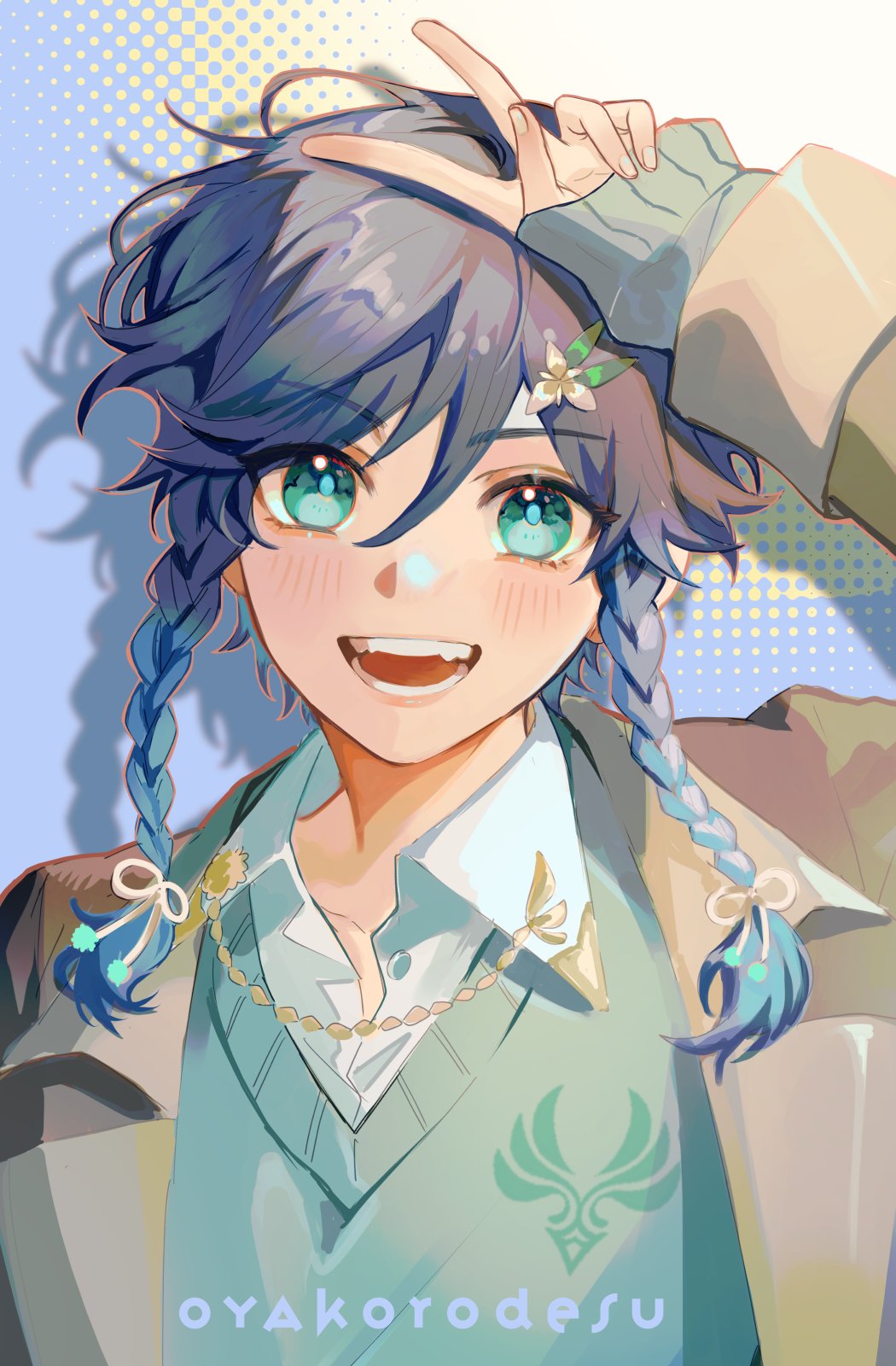 a digital illustration of an anime girl with blue hair styled in braids. she is wearing a white shirt, a green sweater, and a brown jacket. she has a flower behind her ear and a happy smile on her face. the background is a light blue with yellow polka dots.
