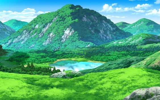 the image showcases a breathtaking landscape painting featuring a majestic mountain range adorned with lush green forests. nestled amidst the rolling hills lies a pristine lake, its tranquil waters reflecting the azure sky above. the vibrant greenery of the grass and trees creates a sense of serenity and tranquility. the scene is bathed in the warm glow of natural sunlight, casting soft shadows across the picturesque vista. the composition utilizes an aerial perspective, allowing viewers to fully appreciate the vastness and beauty of nature.