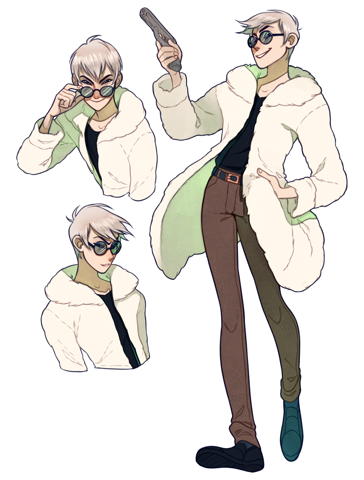 a digital illustration showcasing different angles of a stylish male character. he is depicted with short platinum blonde hair, a white fluffy coat, round sunglasses, a black shirt, brown pants, and dark teal shoes. he is holding a gun in one of the poses, further adding to his confident and potentially villainous demeanor. the art style leans towards a semirealistic comic book aesthetic.