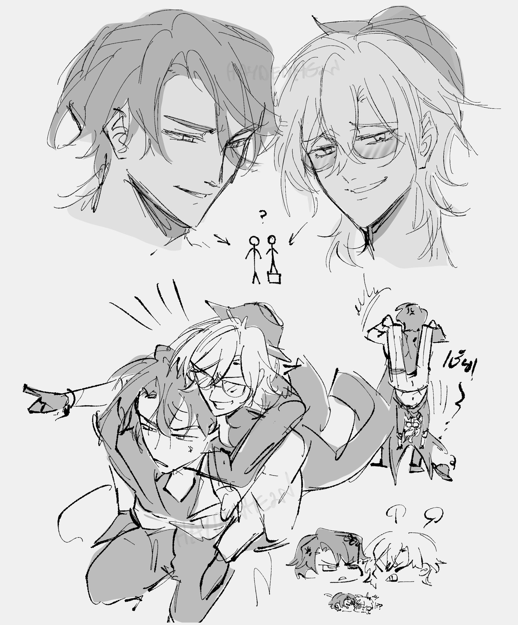 a black and white sketch of four anime boys. two of them are on the top of the image, and they are looking at each other with a smile, while the two at the bottom are hugging each other. in the middle, a couple of stick figures stand near a box, which seem to be related to the two boys at the top of the page. the bottom right corner shows another two boys who look like they are falling down, with a question mark over their heads. all of them are looking happy and enjoying their time together.