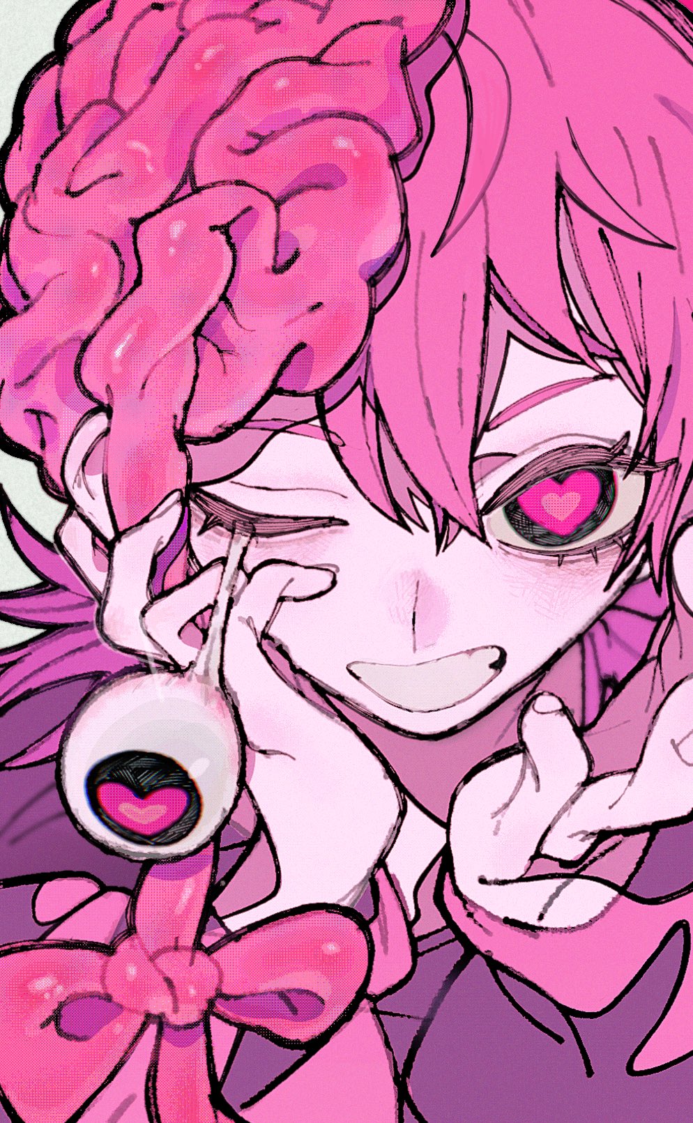 a pinkhaired anime girl with a pink brain sticking out of her head, holds a pink eyeball with a heart in it, and her other eye has a heartshaped pupil. she is smiling and has a pink bow on her hair.