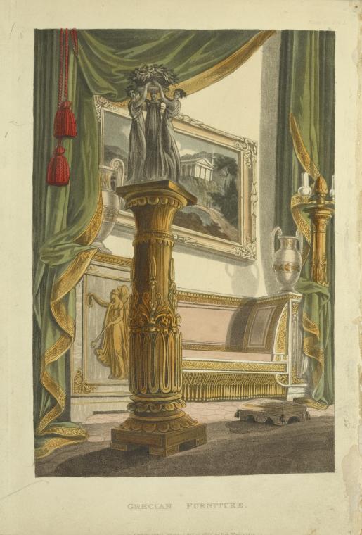 a print of grecian furniture. a decorative column with a statue of three figures on top is prominently featured in the foreground. a sofa with a pink cushion and gold fringe is placed against the wall, flanked by a painting and decorative urns. green drapery with gold trim frames the scene.