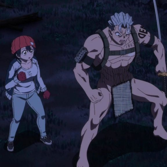 a young woman looks on with worry at a very large and muscular man standing before her in the woods at night. the man is wielding a katana.  the woman is wearing a red beanie, a white jacket, blue jeans, and grey sneakers. the man is shirtless, wearing a loin cloth and several belts, and has a tattoo on his left pec that says "1861" above "ded".