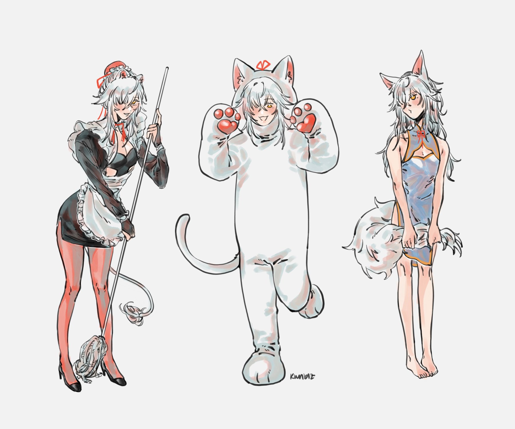 the image features three anime girls. on the left, a girl is dressed as a maid with a black and white outfit, red ribbon and is holding a mop. in the middle, a girl is dressed in a white cat costume. the girl on the right is dressed in a blue and white dress with a fluffy white tail. the background is white.