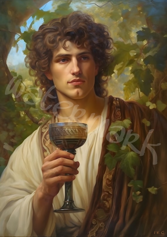 the painting depicts a young man in classical attire, possibly greek or roman, holding a goblet of wine. he is surrounded by lush foliage, suggesting a garden setting. he has curly brown hair and is gazing directly at the viewer with a serene expression. the lighting is soft and natural, creating a romantic and dreamy atmosphere.