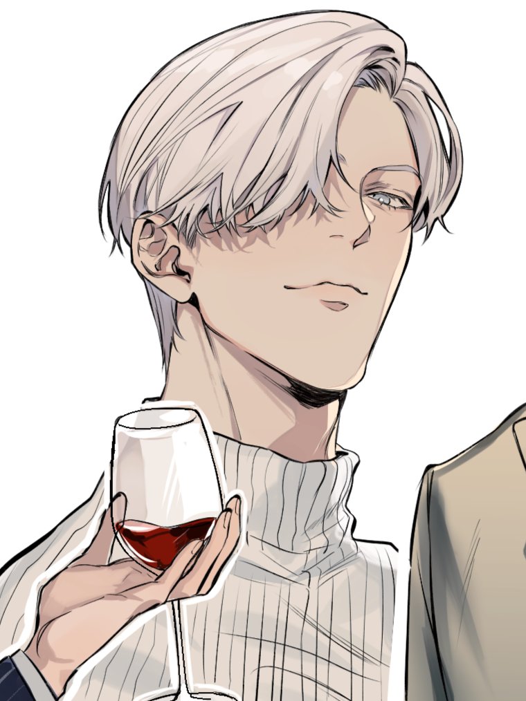 the image is a detailed closeup illustration or drawing, likely from an anime or manga source, depicting a young man. he has shoulderlength, stylish white or light gray hair swept to the side, partially obscuring one eye.  he's wearing a lightcolored, ribbed turtleneck sweater and appears calm and sophisticated. he is holding a glass of red wine. the style is clean and modern with subtle shading and linework. a portion of another person's beige suit jacket is visible in the background to the right, suggesting the possibility of a larger scene. the overall aesthetic is fashionable and hints at a scene of quiet elegance.