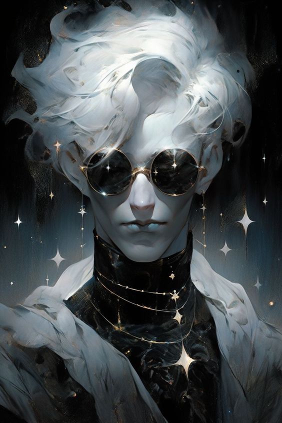 the image is an illustration of a paleskinned, androgynous person with white hair and round sunglasses with reflections of stars. they are wearing a black highcollared shirt or jacket with dangling starshaped jewelry. the background is dark and sprinkled with glowing white stars. the lighting is dramatic, focusing on the subject's face and upper body. the style is ethereal and fantasyinspired.