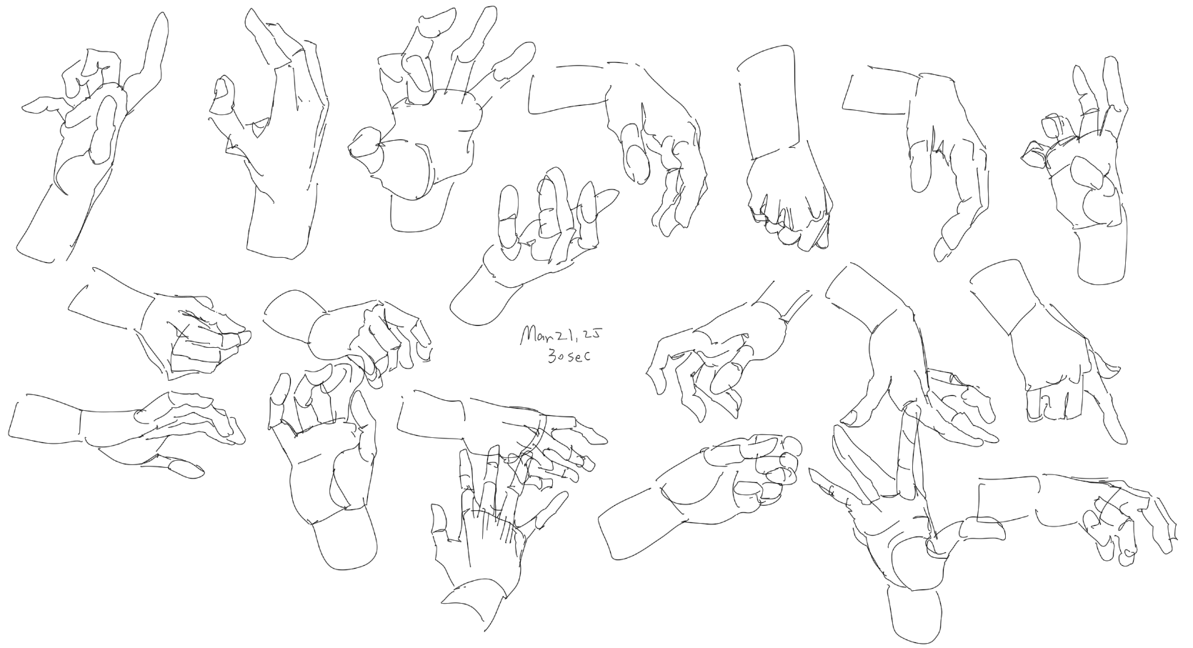 the image shows a collection of hand drawings in various poses, created as sketches or studies, using line art. they are presented on a white background.