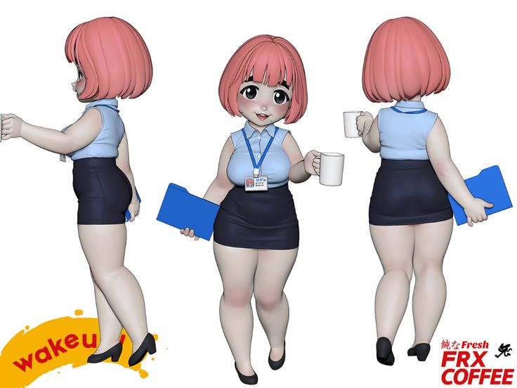 the image shows a 3d anime figurine of a plussize woman dressed as an office worker. she has short pink hair and is wearing a light blue sleeveless top and a short black skirt. she is also wearing black heels. in the front view, she is holding a blue folder in one hand and a white coffee cup in the other. she is wearing a name tag around her neck. the image shows the figure from three different angles: side, front, and back. the background is white, and in the bottom corners are logos related to coffee.