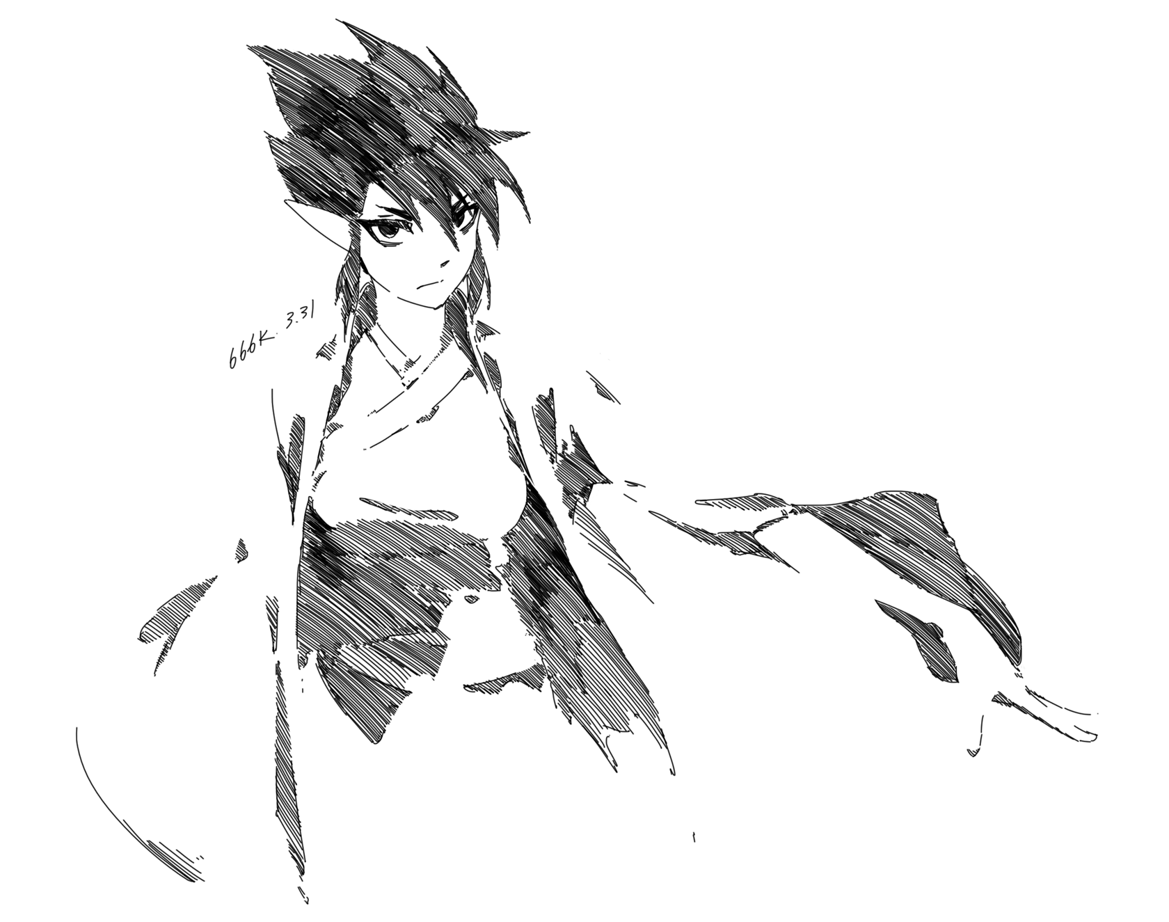 the image is a black and white sketch of an anime or mangastyle female character. she has spiky, dark hair, elflike ears, and is wearing a kimono or robe that's open to reveal a formfitting top. her expression is serious and confident. the drawing style is dynamic and stylized, using mostly lines to create a sense of movement and texture. the overall aesthetic is elegant and graceful.  a watermarklike signature ("666k 3.31") is present in the upper left.