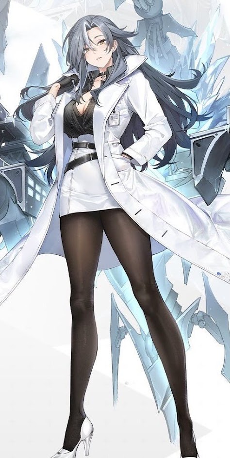 this is a digital illustration of an anime girl in a white lab coat and black tights. she is standing in a futuristic setting, with a large robotic weapon in the background. the girl has long black hair and blue eyes. she is wearing a black shirt underneath her lab coat. her pose is confident and assertive. the illustration is done in a cyberpunk style.